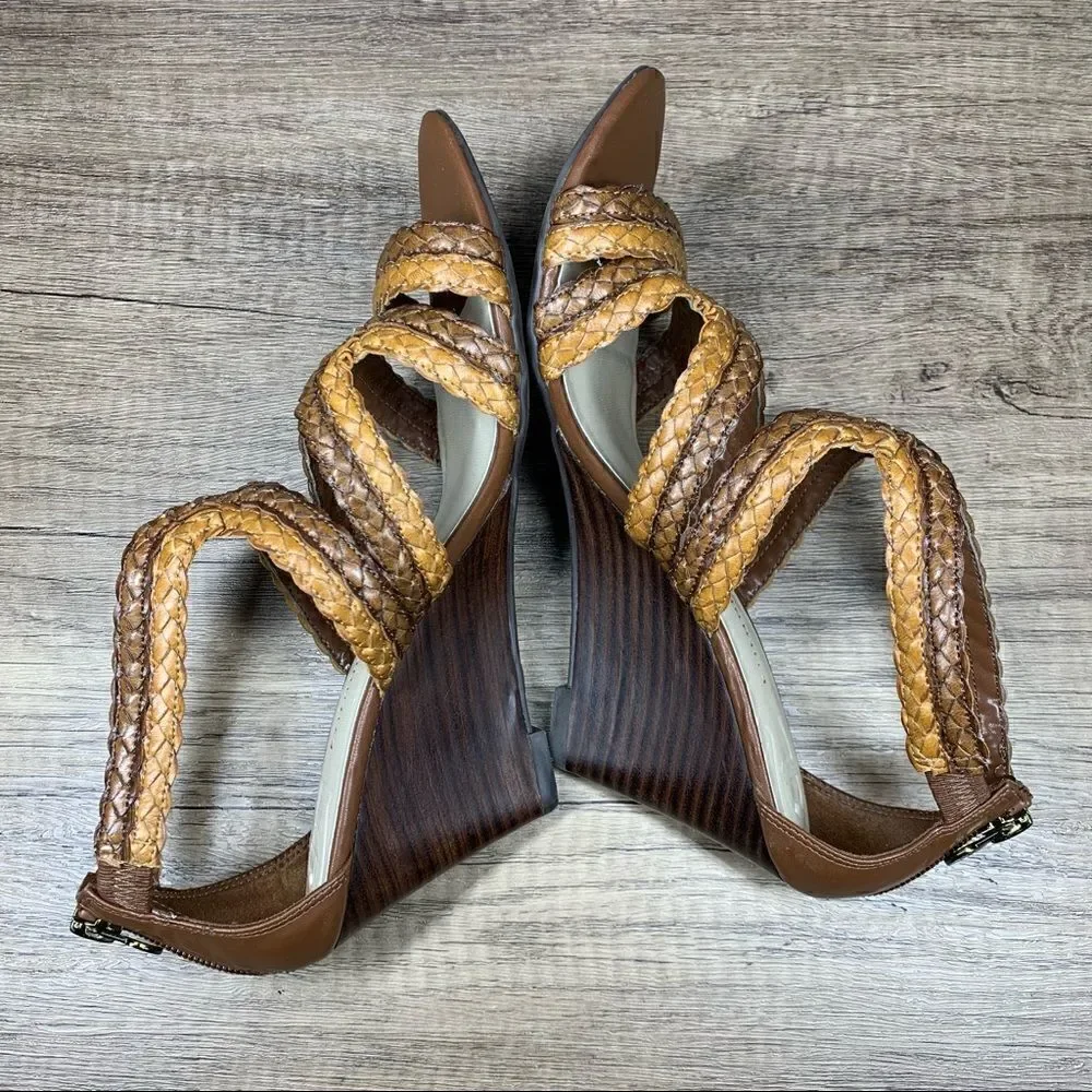 ETIENNE AIGNER E-Peanut Wedge Zip Up Strappy Sandals Shoes Brown Women's 7.5M‎